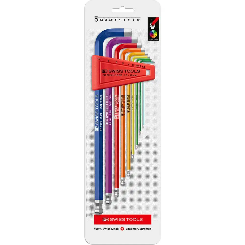 PB SWISS 1.5-10mm Long Multi Colour Metric Hex-L Ball End Key Set - 9 Piece PB 212.LH-10 RB CN