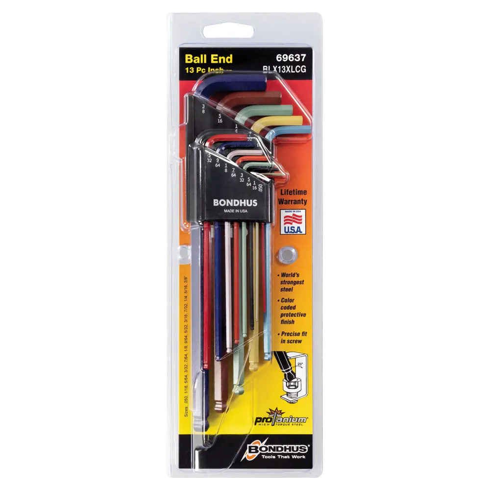 BONDHUS 0.050"-3/8" Ball End L-Wrench Allen Key Set - 13 Piece BD69637