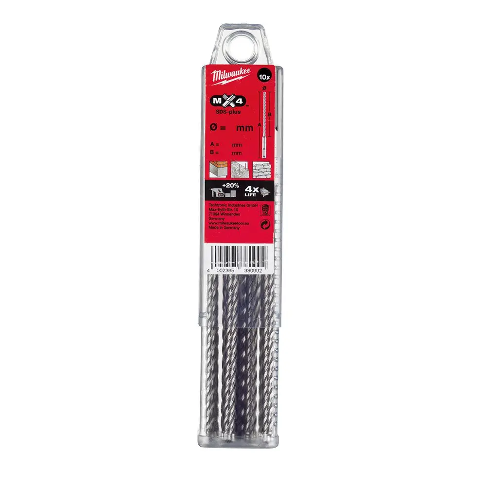 MILWAUKEE 12 x 210mm 4-Cutter SDS-Plus TCT Hammer Drill Bit - MX4 - 10 Piece 4932352050
