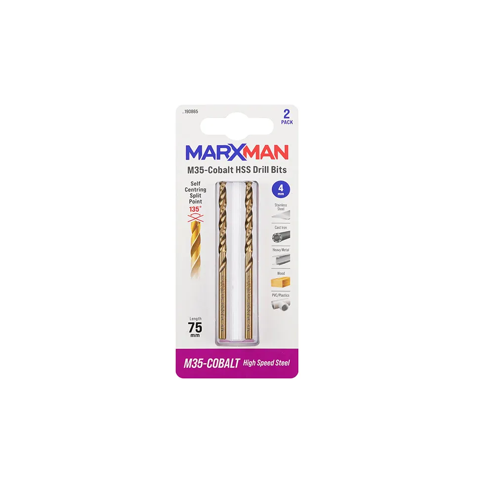 MARXMAN 4.0 x 75mm HSS-Cobalt Metal Jobber Drill Bit 2 Piece MHSSCO4MM2PC