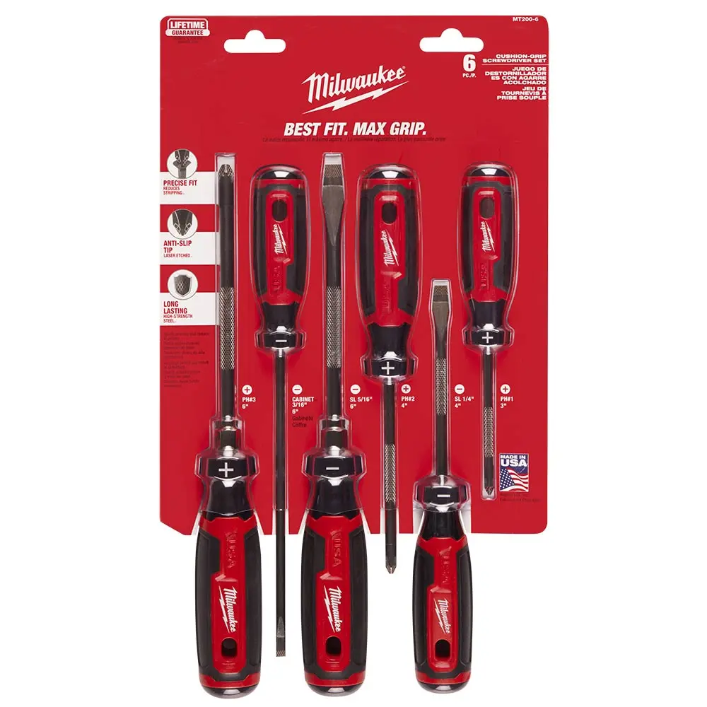 MILWAUKEE 3 X SL 3 x PH USA Made Soft Grip Screwdriver Set - 6 Piece MT200-6