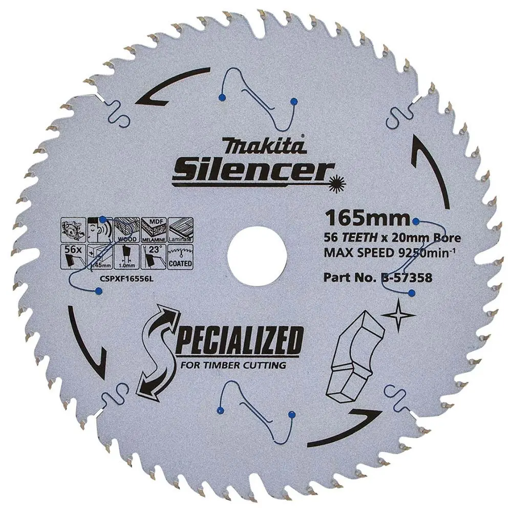 MAKITA 165mm 56T TCT Circular Saw Blade for Wood & Melamine Cutting - Plunge Saws - SPECIALIZED SILENCER