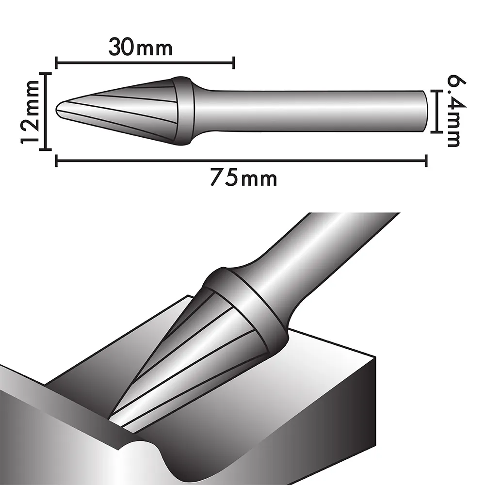 JOSCO 12 x 30mm 1/4inch Shank Ball-Nosed Cone Aluminium Cut Carbide Burr