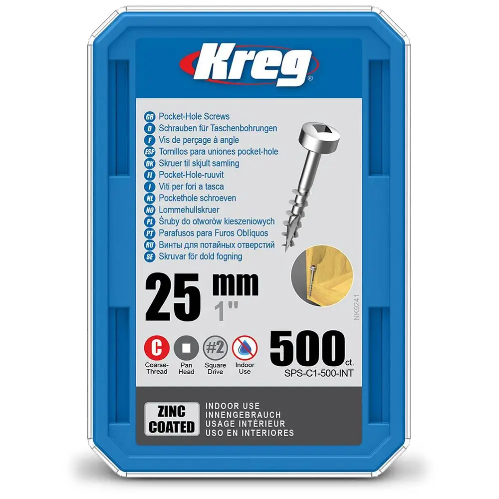 KREG Pocket Hole Screws Coarse Pan Head Zinc 25mm - 500 Piece KR-SPSC1-500