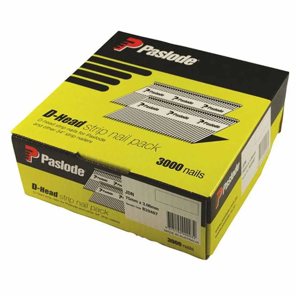 PASLODE 75x3.06mm Pneumatic D-Head Bright Framing Nails - 3000 Pack B20467