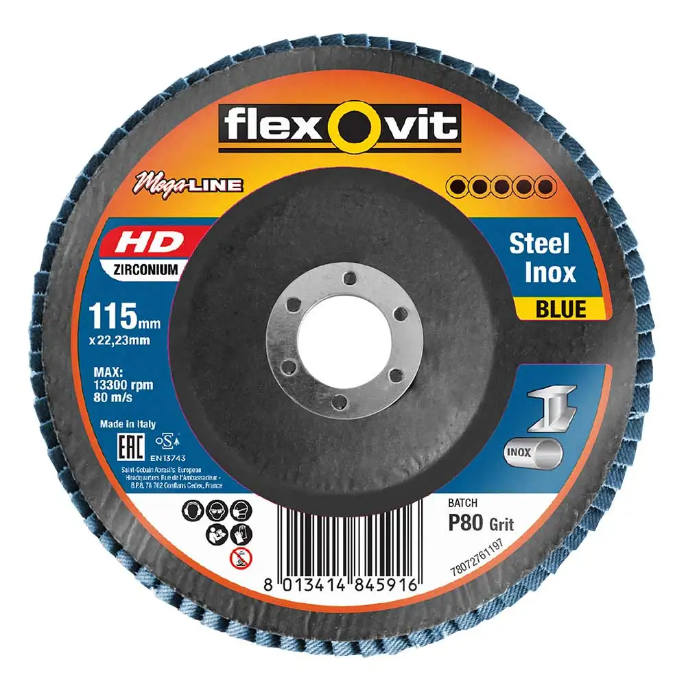 FLEXOVIT 115mm 80-Grit Zirconia INOX Angled Flap Disc - MEGALINE 78072761197