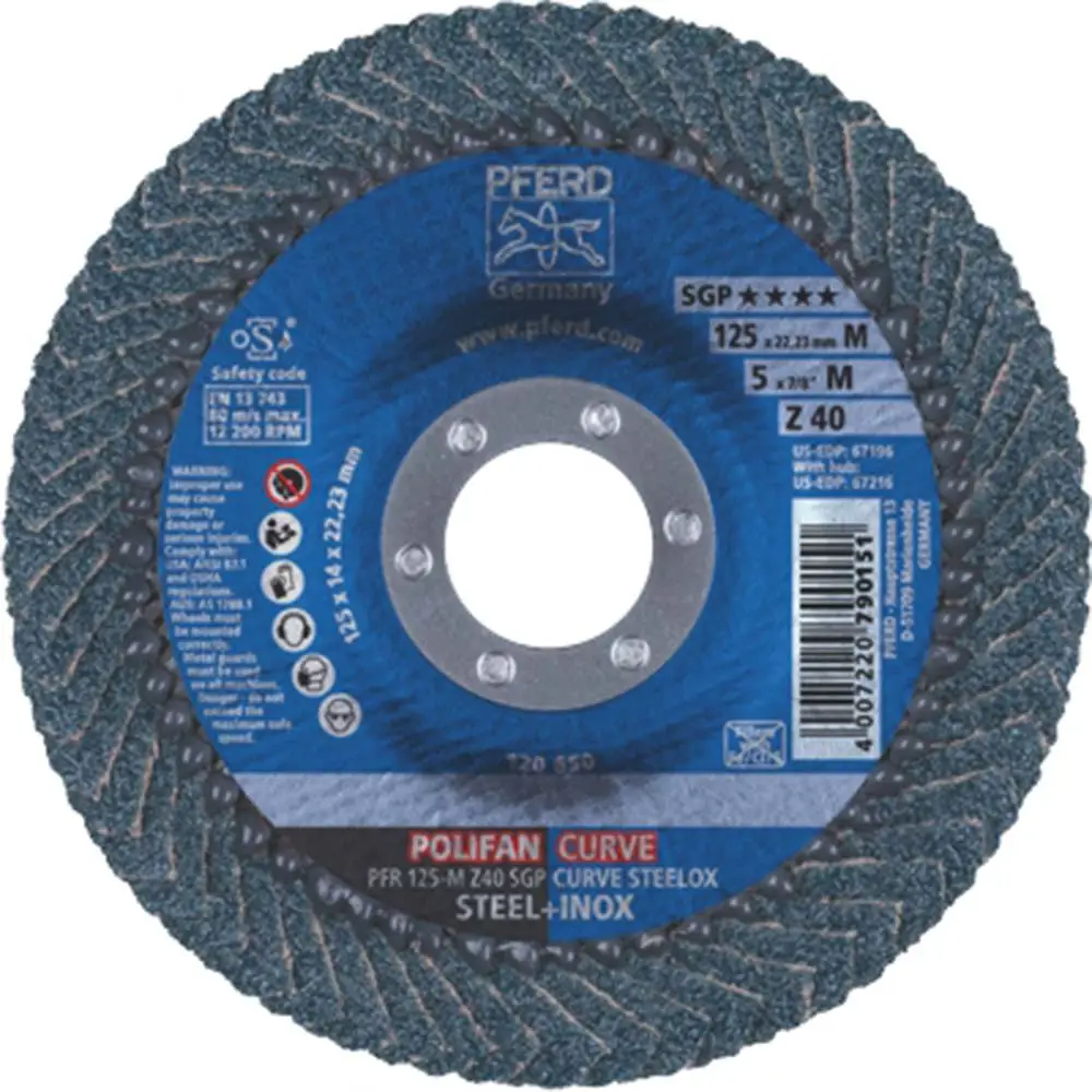 PFERD 125mm 40-Grit Zirconia Curved Flap Disc - POLIFAN CURVE STEELOX