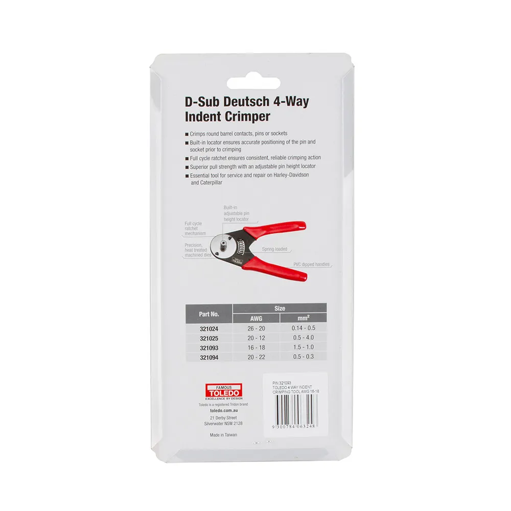 TOLEDO 16-18 AWG D-Sub 4-Way Ratcheting Crimper 321093