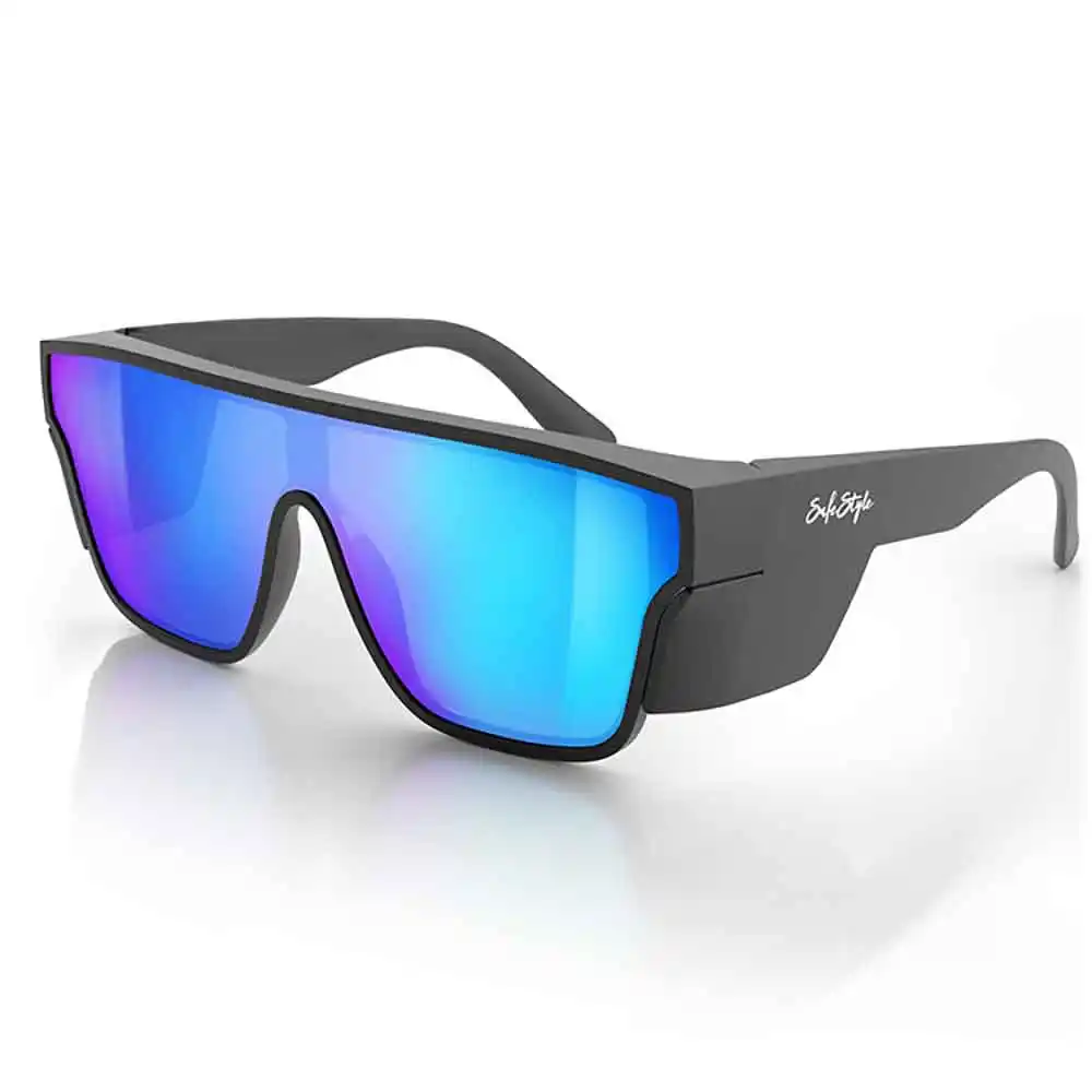 SAFESTYLE Safety Spectacles Primes Black Frame Reflectors Blue Lens PMBBT100