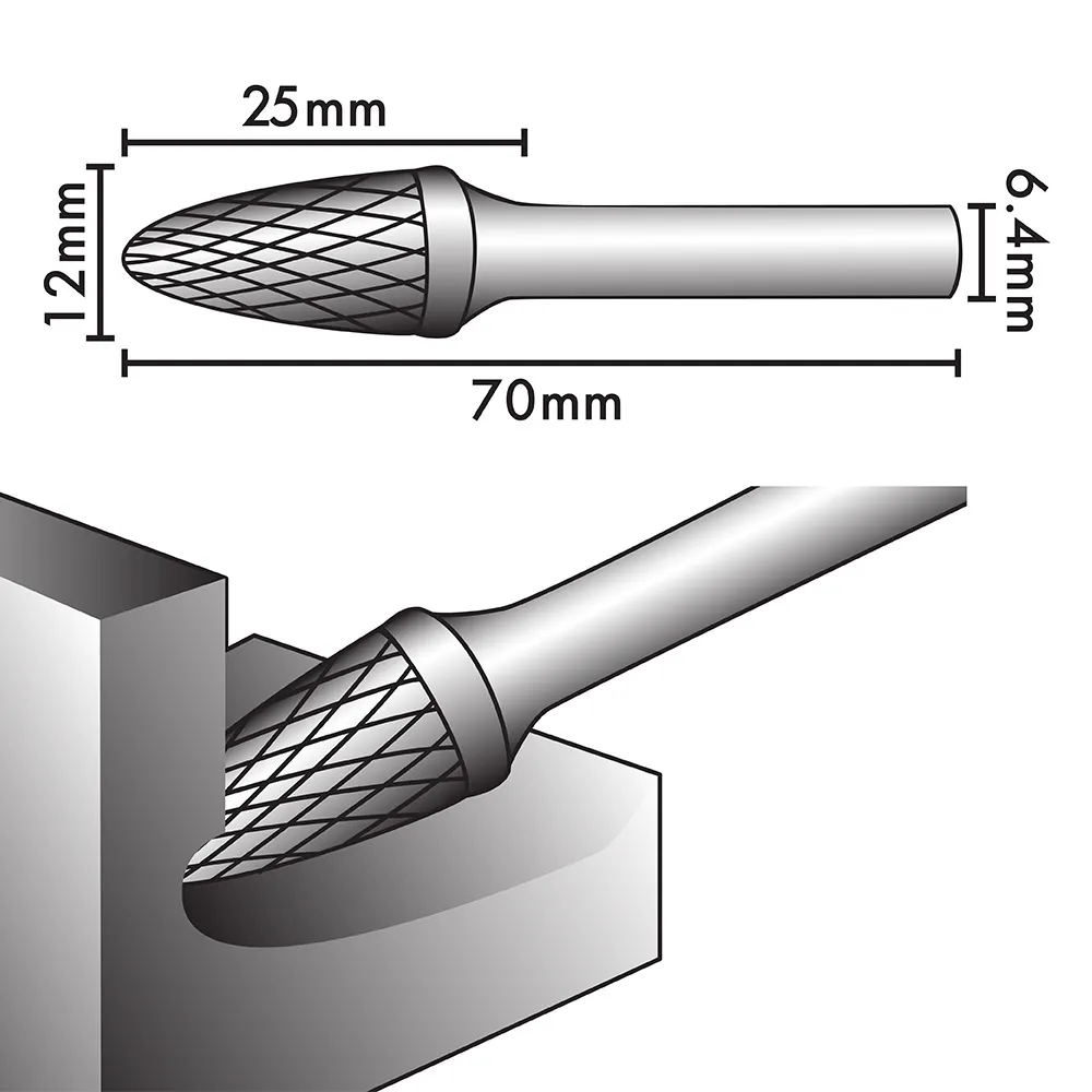 JOSCO 12 x 25mm 1/4inch Shank Ball-Nosed Tree Diamond Cut Carbide Burr