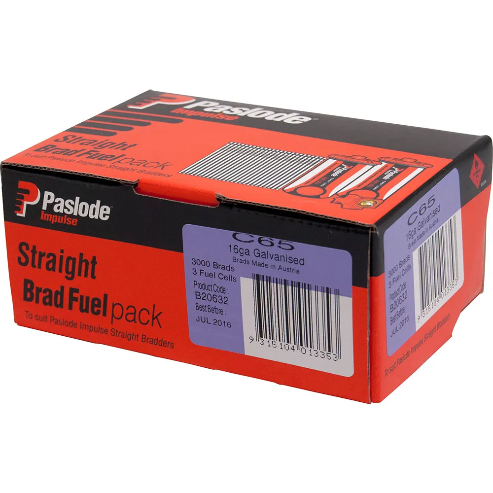 PASLODE 65 x 1.6mm Zinc Plated C65 Impulse Brad with Fuel 3000 pk B20632