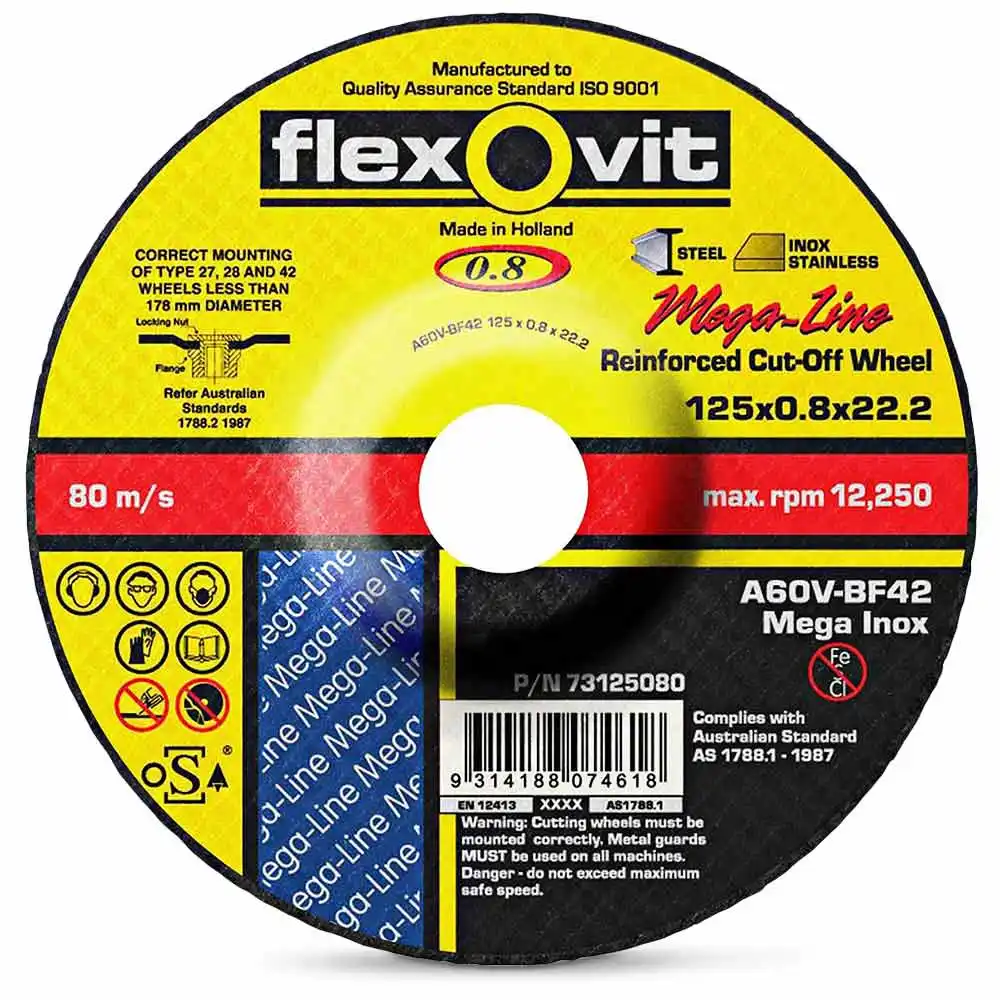 FLEXOVIT 125 x 0.8mm Depressed Centre Steel & Stainless Cut Off Disc - MEGA INOX