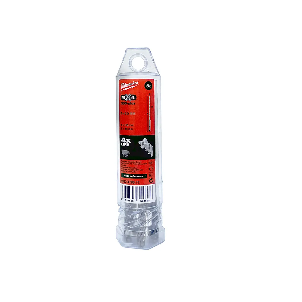 MILWAUKEE 6.5 x 115mm SDS Plus 4-Cutter TCT Masonry Drill Bit - 5 Piece 4932479672