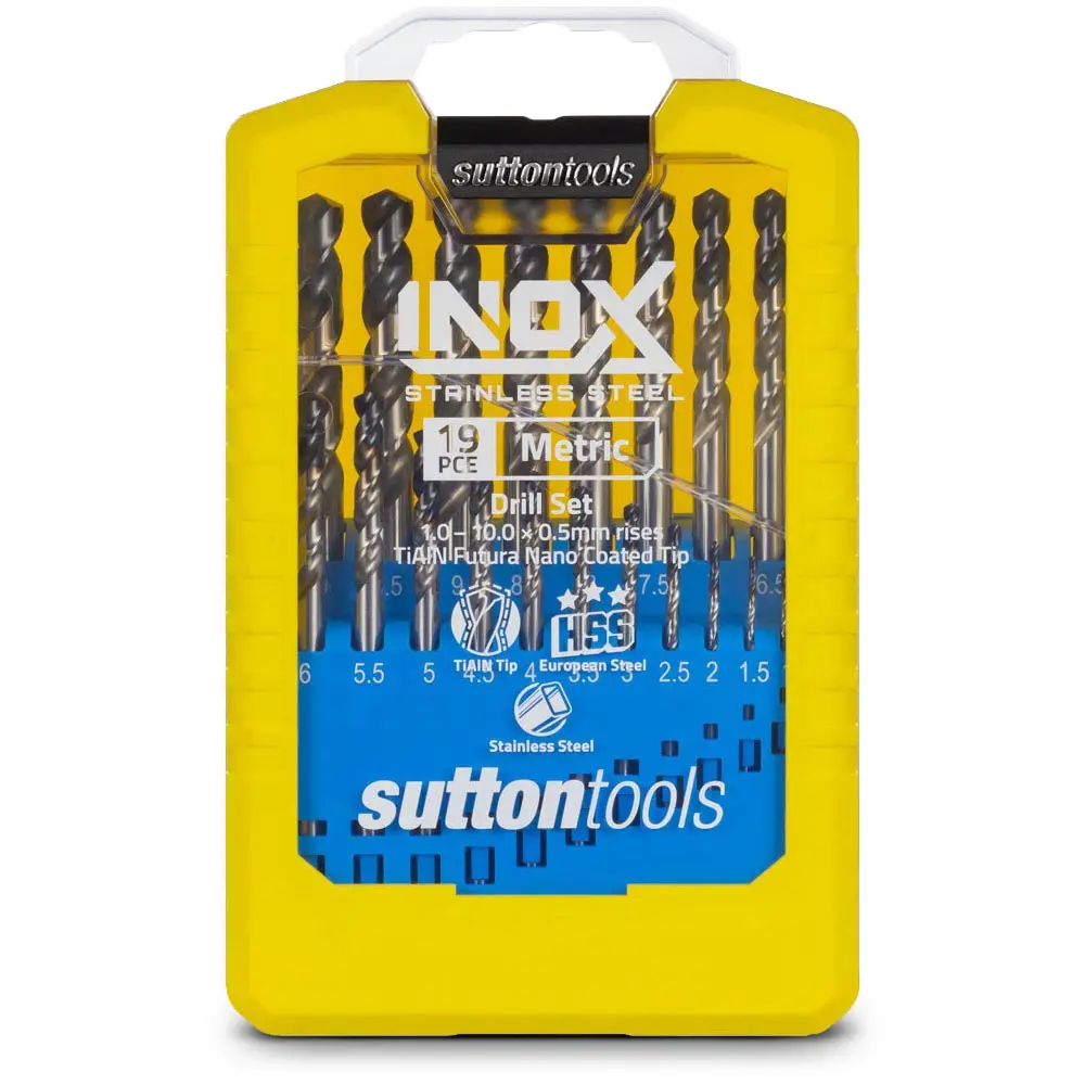 SUTTON 1-10mm Metric HSS-TiAlN Jobber Drill Bit Set for Stainless Steel - INOX - 19 Piece