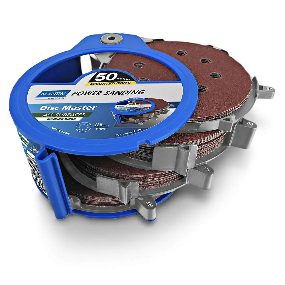 NORTON 125mm Mixed-Grit 8-Hole Hook & Loop Sanding Disc for Wood & Paint - DISC MASTER - 50 Piece