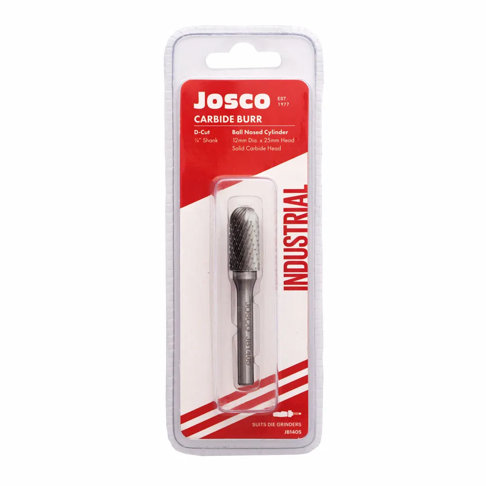 JOSCO 12 x 25mm 1/4inch Shank Ball-Nosed Cylinder Diamond Cut Carbide Burr