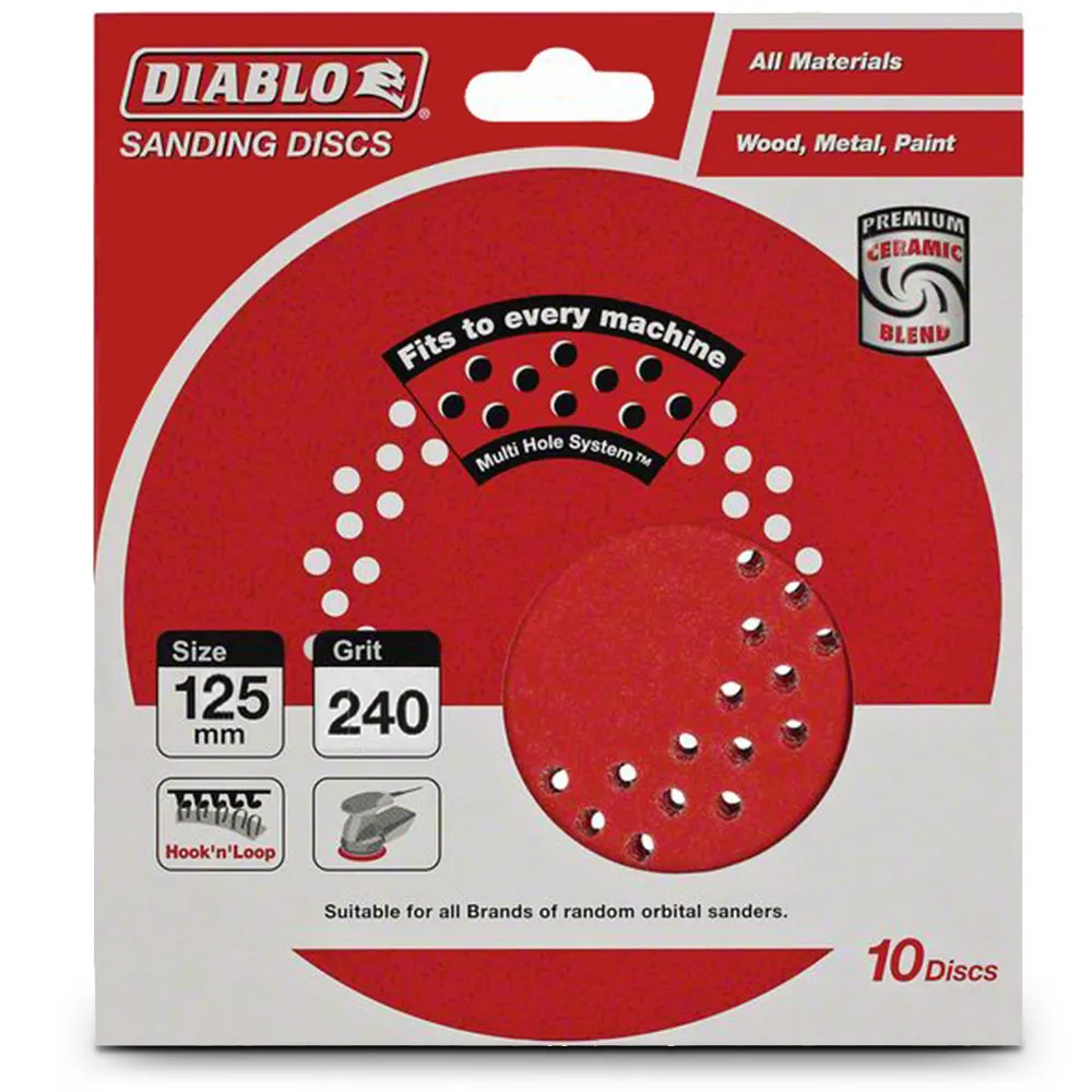 DIABLO 125mm 240-Grit Multi-Hole Hook & Loop Sanding Disc - 10 Piece 2608603274
