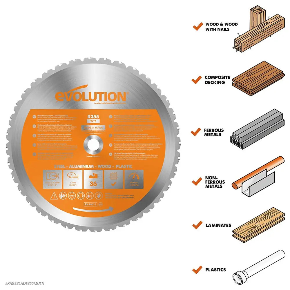 EVOLUTION 355mm 36T TCT Multi-Purpose Saw Blade - RAGE