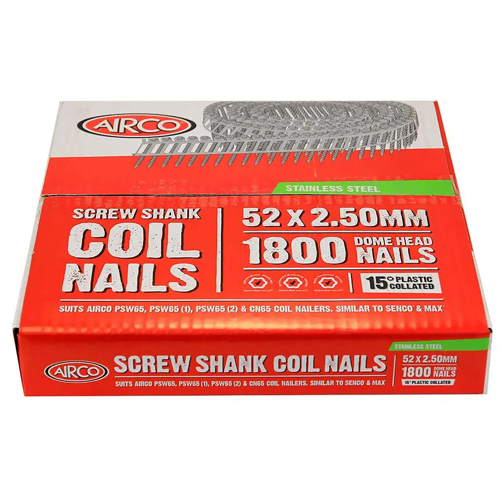 AIRCO Decking Coil Nail Screw Shank 304 Grade Stainless Steel - 52mm Box of 1800 YF522543