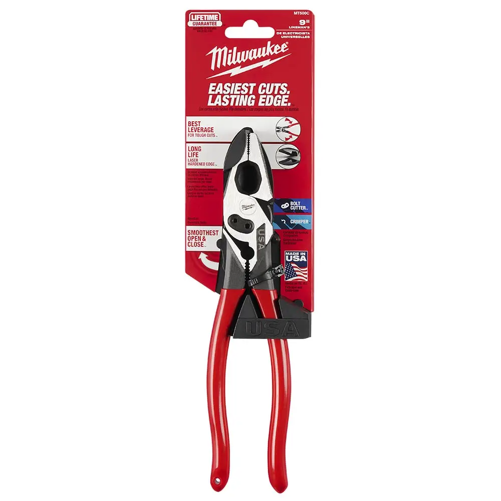 MILWAUKEE 228mm 9Inch USA Made Dipped Grip Linesman Pliers with Crimper MT500C