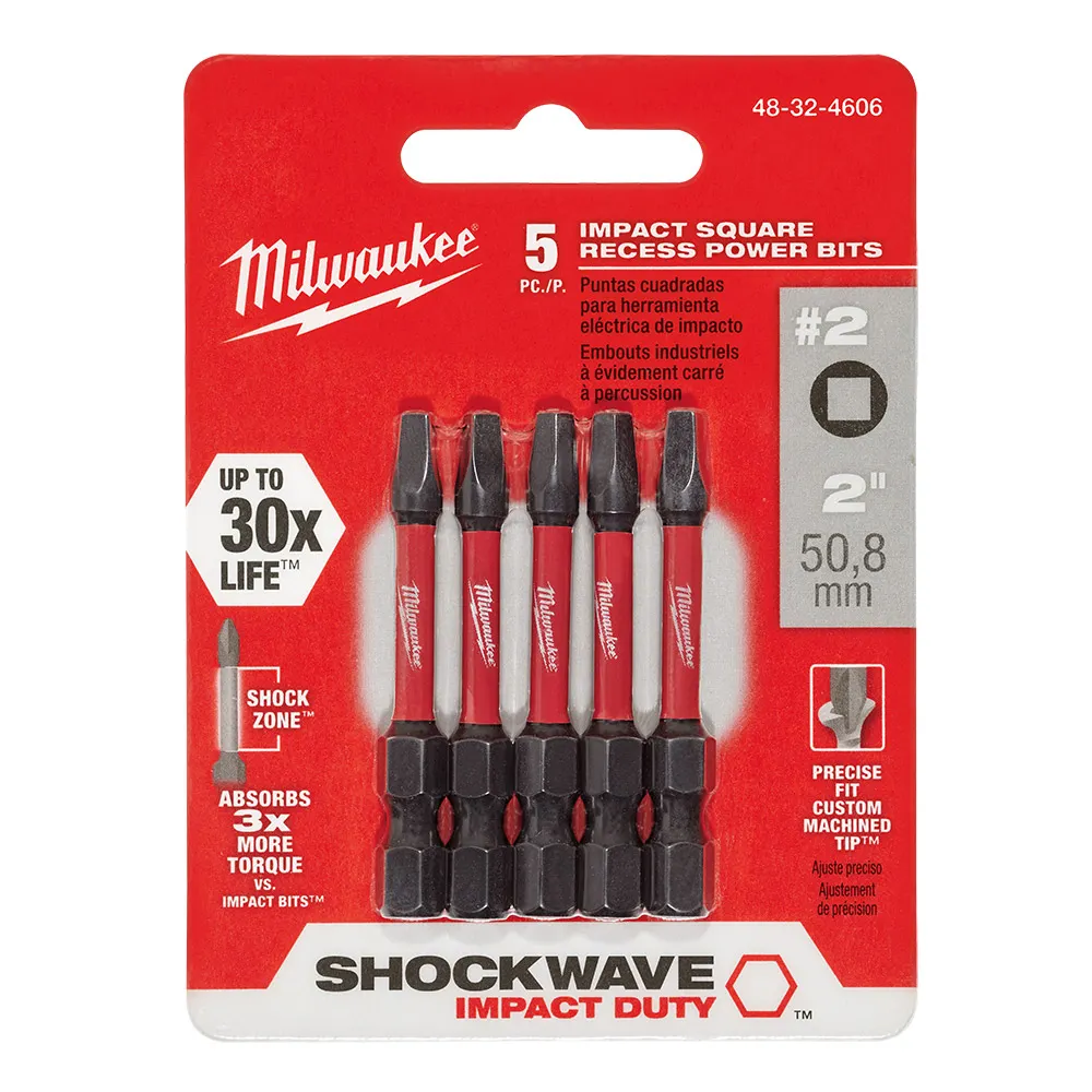 MILWAUKEE R2 x 50mm Robertson/Square Power Screwdriver Bit - SHOCKWAVE - 5 Piece 48324606