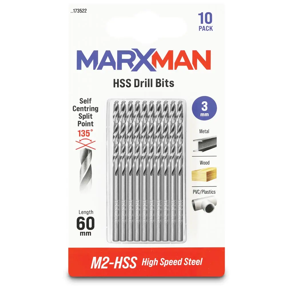 MARXMAN 3.0x60mm HSS Metal Jobber Drill Bit - 10 Piece MHSS3MM10PC
