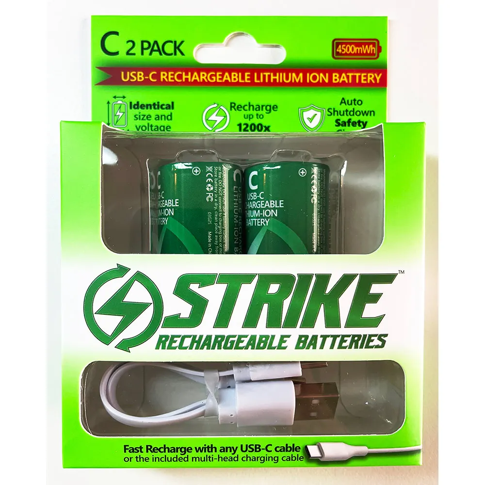 STRIKE 4500MW 1.5V USB-C Rechargable Battery C with Cable - 2 Pack A1907-2C