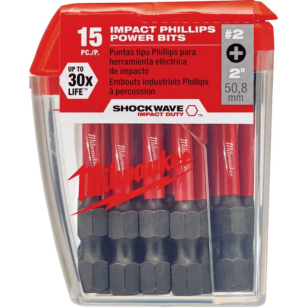 MILWAUKEE PH2 x 50mm Phillips Power Screwdriver Bit - SHOCKWAVE - 15 Piece 48325004