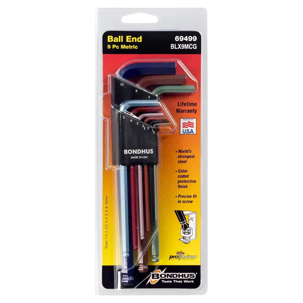 BONDHUS 1.5-10mm Ball End L-Wrench Allen Key Set - 9 Piece BD69499