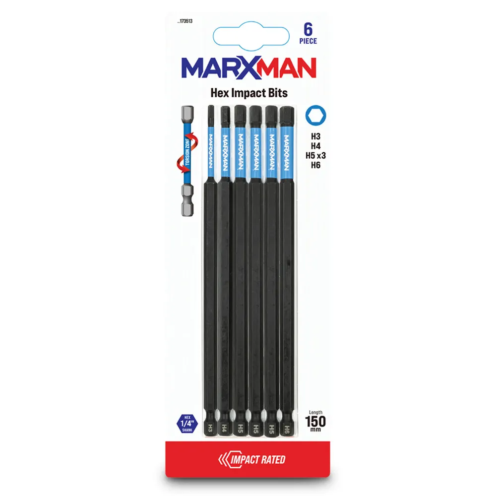 MARXMAN 3-6x150mm Hex Power Impact Screwdriver Bit - 6 Piece MSDBHM1506PC