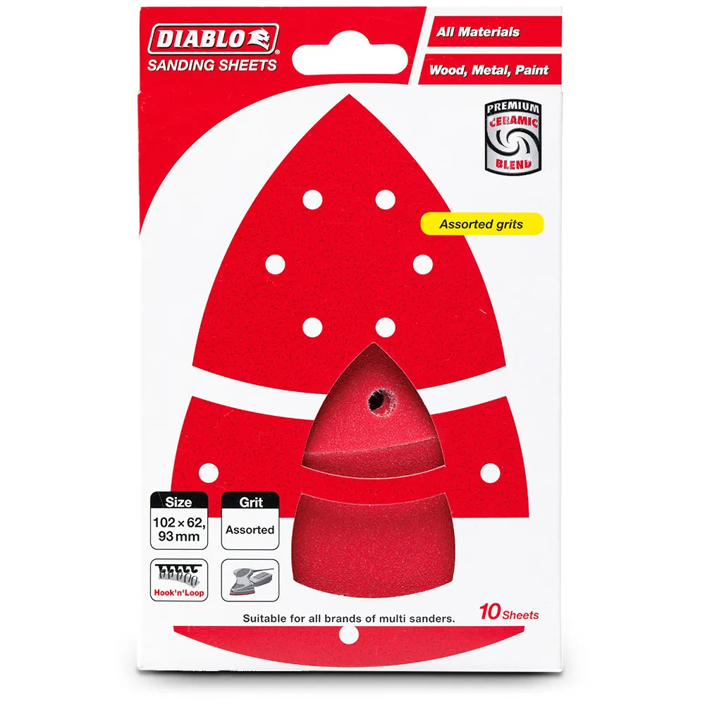 DIABLO 93mm / 102 x 62mm Mixed-Grit Hook & Loop Detail Sanding Sheet - 10 Piece 2608F01179