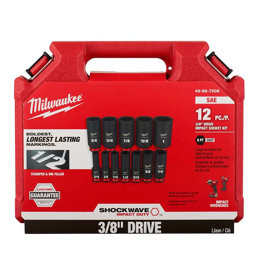MILWAUKEE 12 Piece 3/8inch Drive 6 Point Shockwave SAE Deep Impact Socket Set 49667006