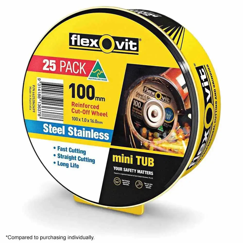 FLEXOVIT 100 x 1.0mm Steel & Stainless Cut Off Disc - MEGA INOX - 25 Piece Tub