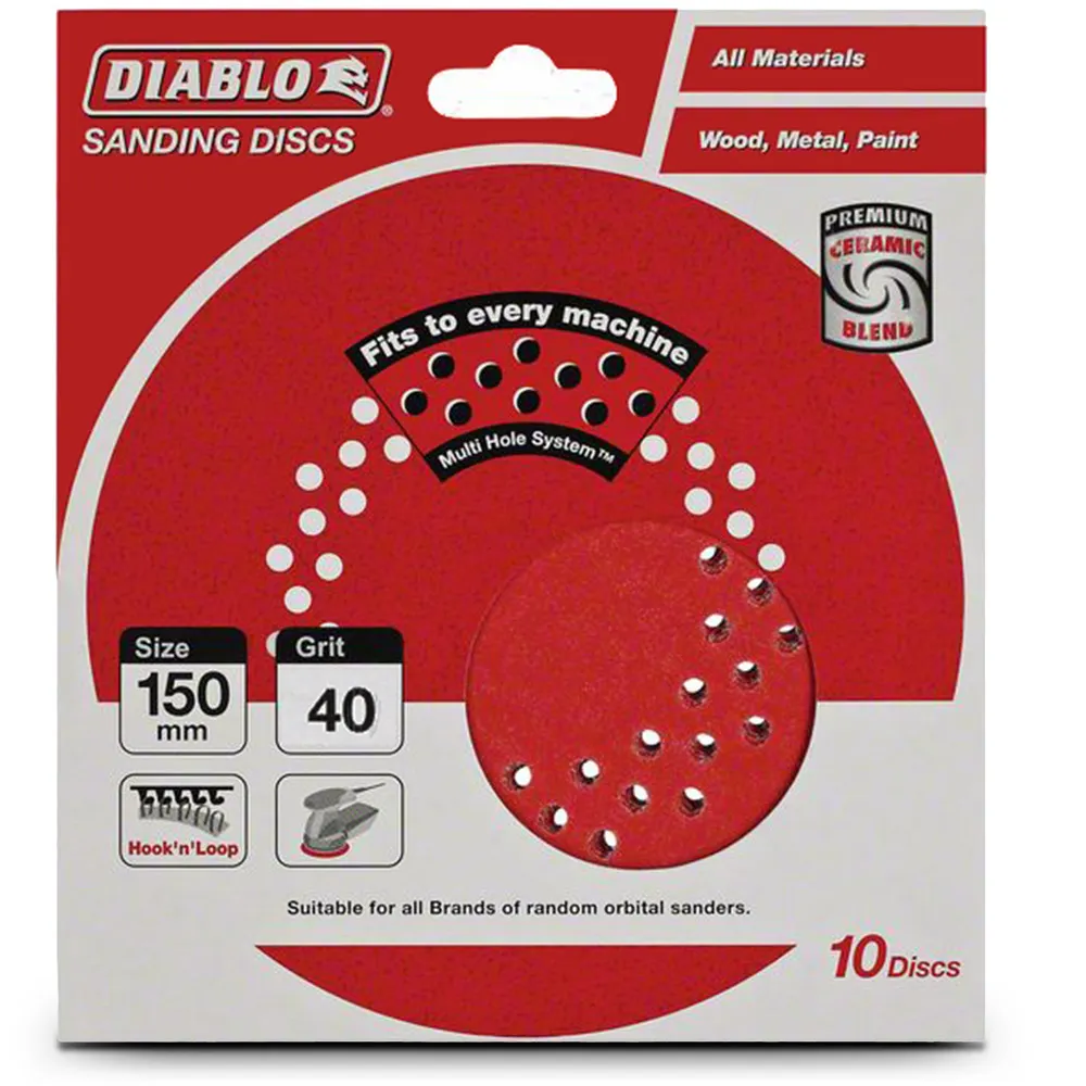 DIABLO 150mm 40-Grit Multi-Hole Hook & Loop Sanding Disc - 10 Piece 2608603275