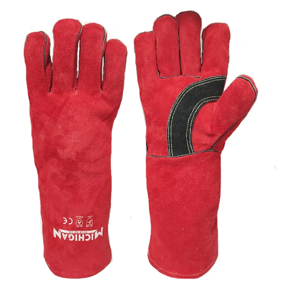 MICHIGAN 16inch Welding Cow Split Leather Gloves - Long Red Kevlar MICWGRED