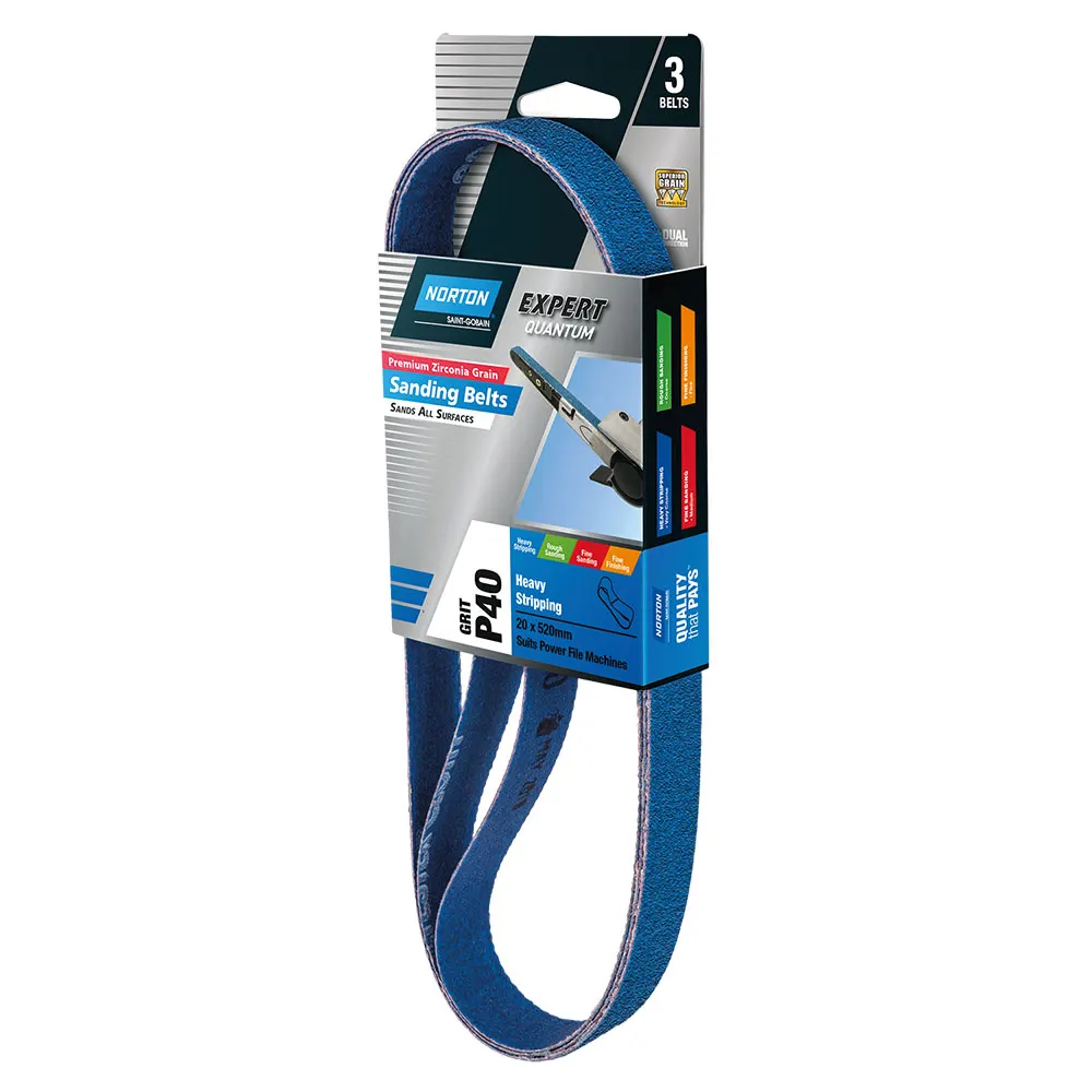 NORTON 20 x 520mm 40-Grit Zirconia Powerfile Belt - 3 Piece