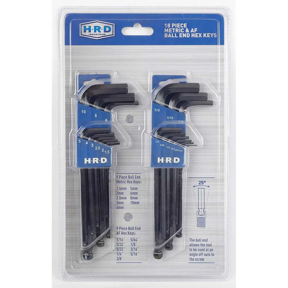 HRD 18 Piece Metric & AF Ball End Hex Key Set With Holder HRD18MAHEX