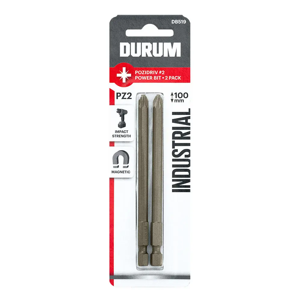 DURUM Pz2x100mm Pozidrive Power Screwdriver Bit - 2 Piece DB519