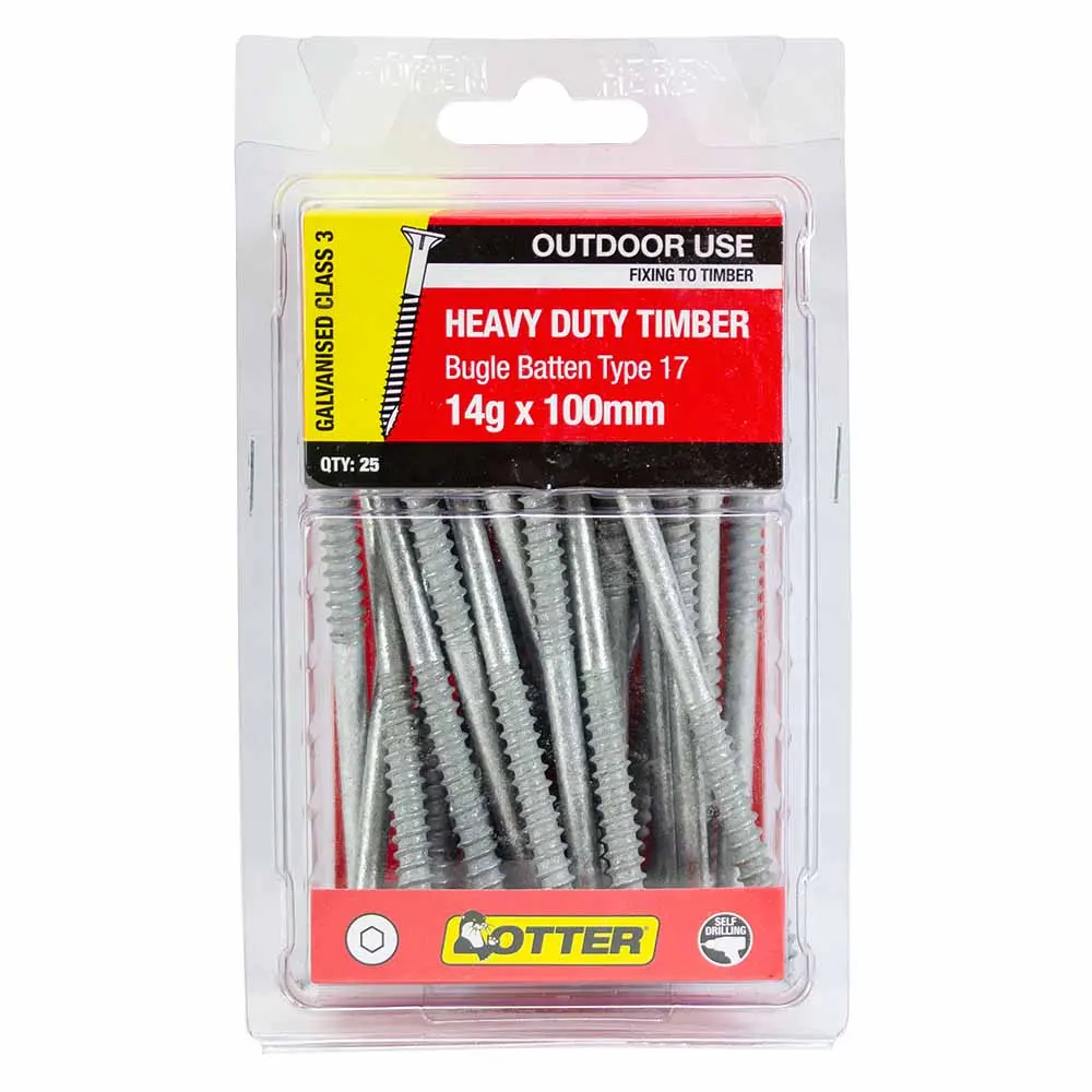 OTTER 25 Pack 14g x 100mm Batten Bugle Screw T17 Galv BBEG141001