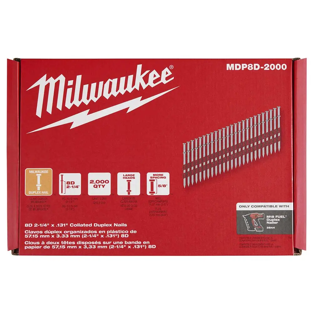 MILWAUKEE 8D Collated Nails - 2,000 pack MDP8D-2000