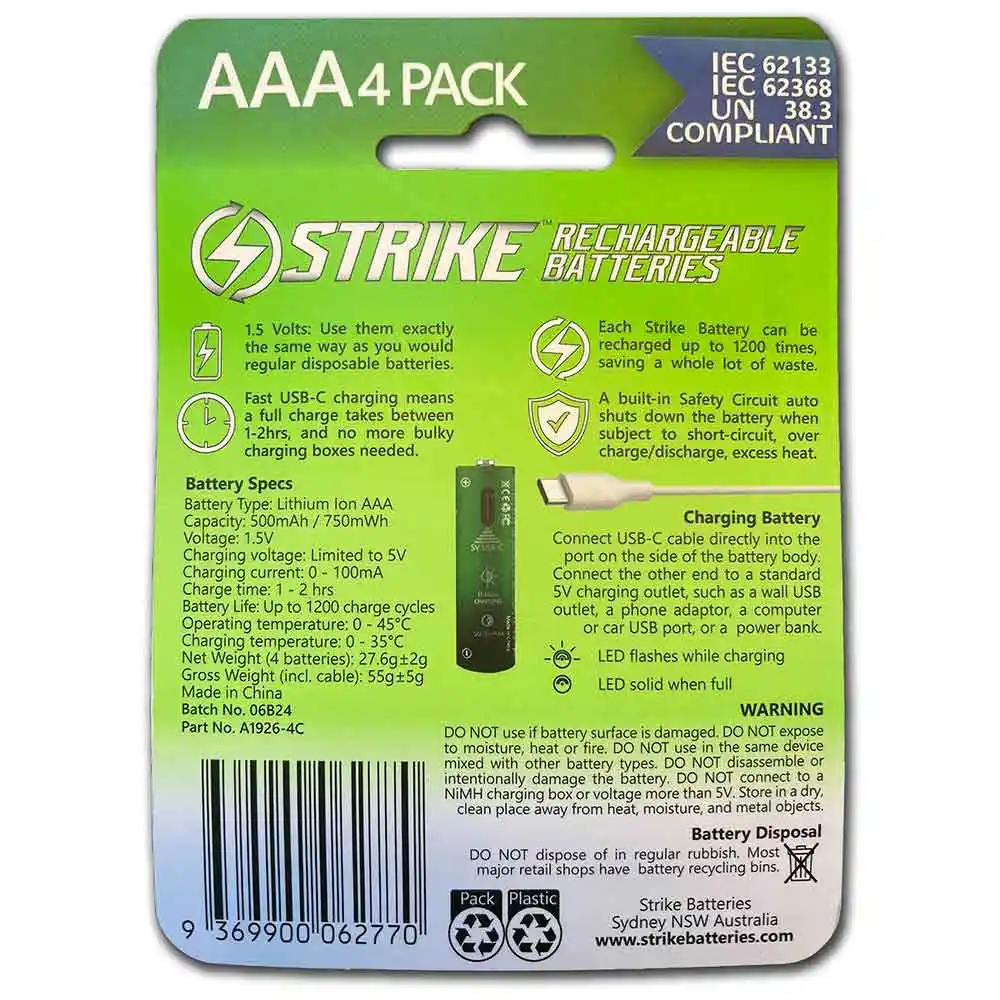 STRIKE 1.5V AAA USB C 750mw Battery With Cable - 4 Pack A1926-4C