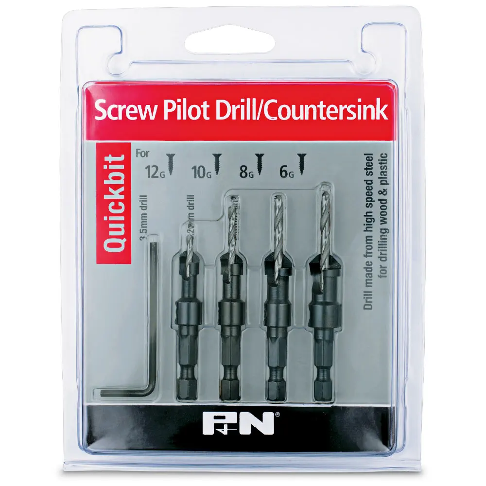 P&N QUICKBITS 3/32-9/64inch HSS Drill & Countersink Set for Wood - 4 Piece