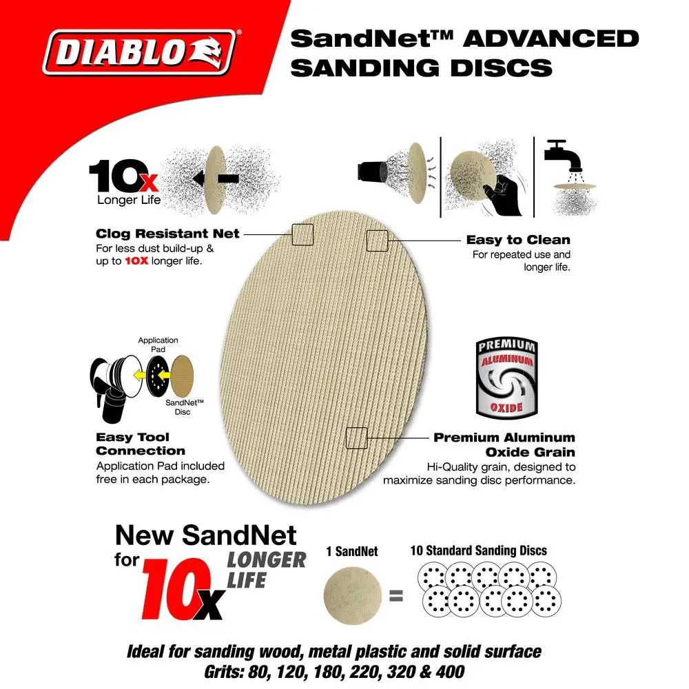 DIABLO 150mm 80-Grit Net Hook & Loop Sanding Disc & Connection Pad - SANDNET - 10 Piece