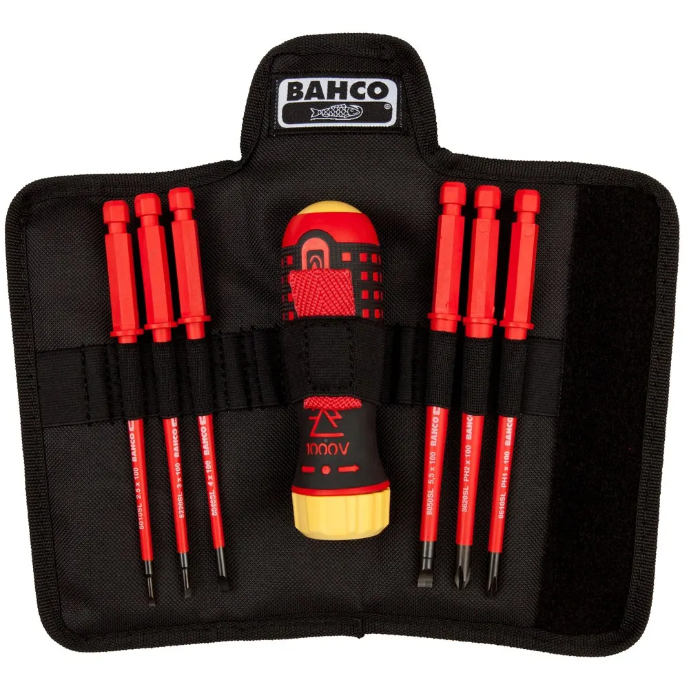 BAHCO 7 piece 1000v Ratchet Screwdriver Set with 1000v interchangable blades in nylon pouch.