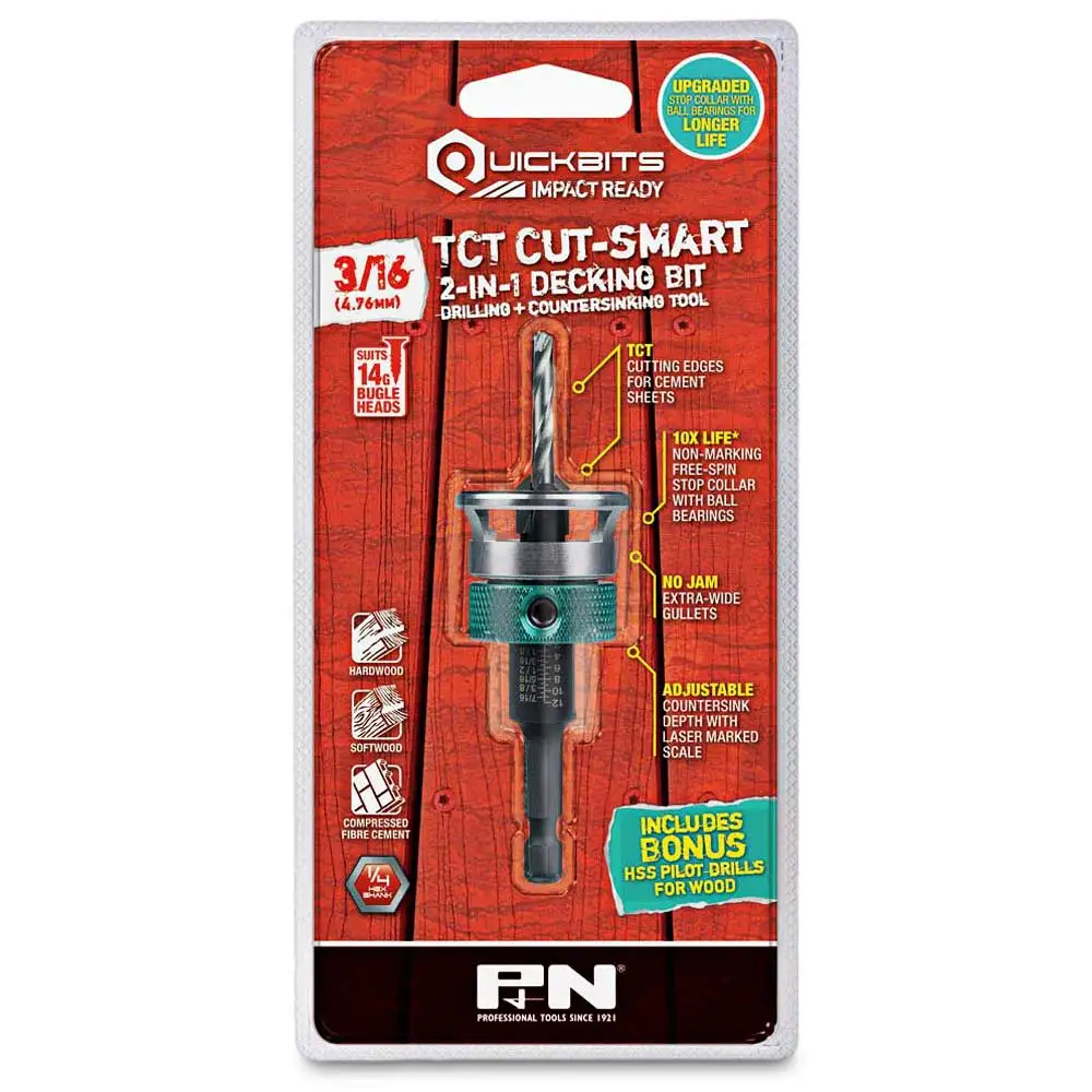 P&N QUICKBITS 3/16inch TCT Drill & Countersink for Wood & Fibre Cement - TCT CUT-SMART