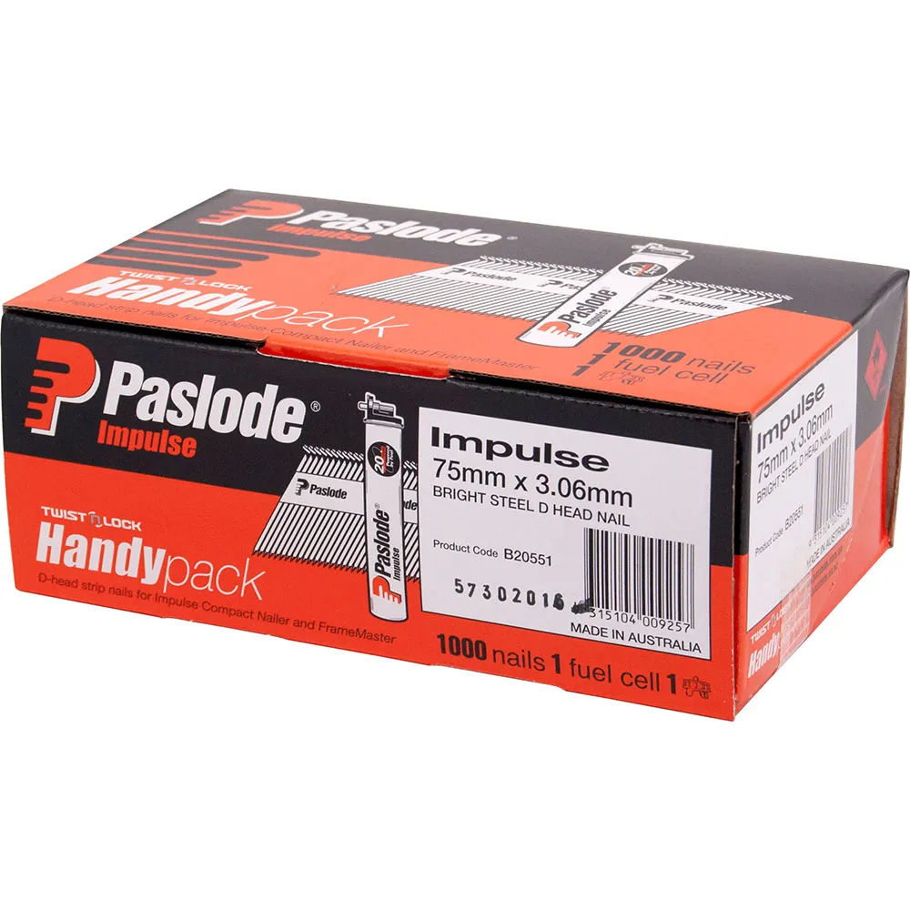 PASLODE 75 x 3.06mm Bright D Head Impulse Nail 1000 pk B20551