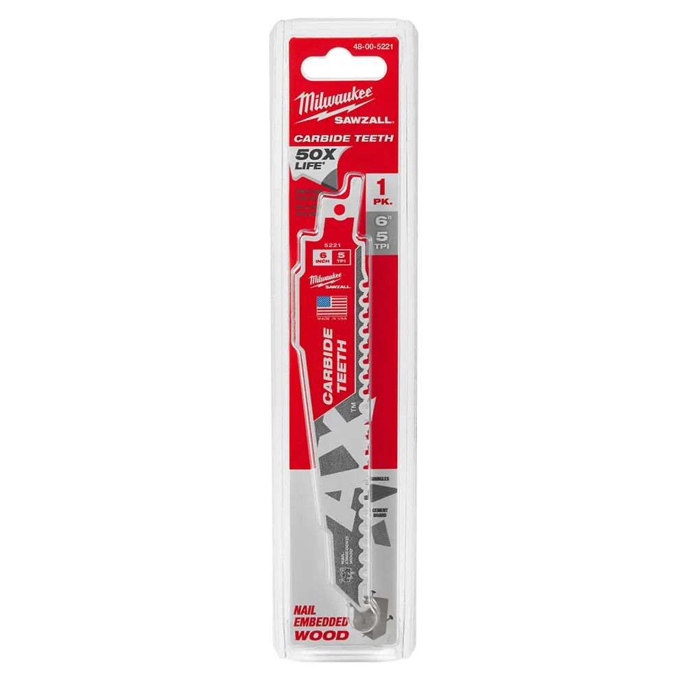 MILWAUKEE 150mm 5TPI TCT Reciprocating Saw Blade for Wood/Nail Demolition - THE AX 48005221