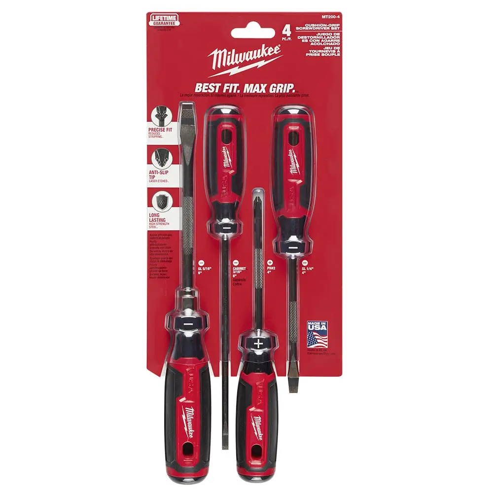 MILWAUKEE 3 X SL 1 x PH USA Made Soft Grip Screwdriver Set - 4 Piece MT200-4