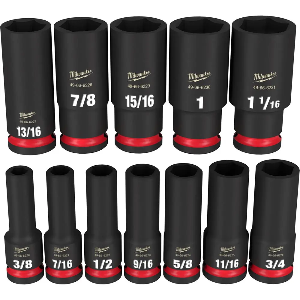 MILWAUKEE 12 Piece 1/2inch Drive 6 Point Shockwave SAE Deep Impact Socket Set 49667011