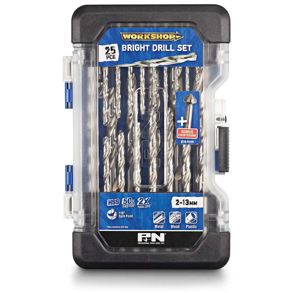 P&N WORKSHOP 2-13mm Metric HSS-Bright Jobber Drill Bit Set - 25 Piece + BONUS Countersink